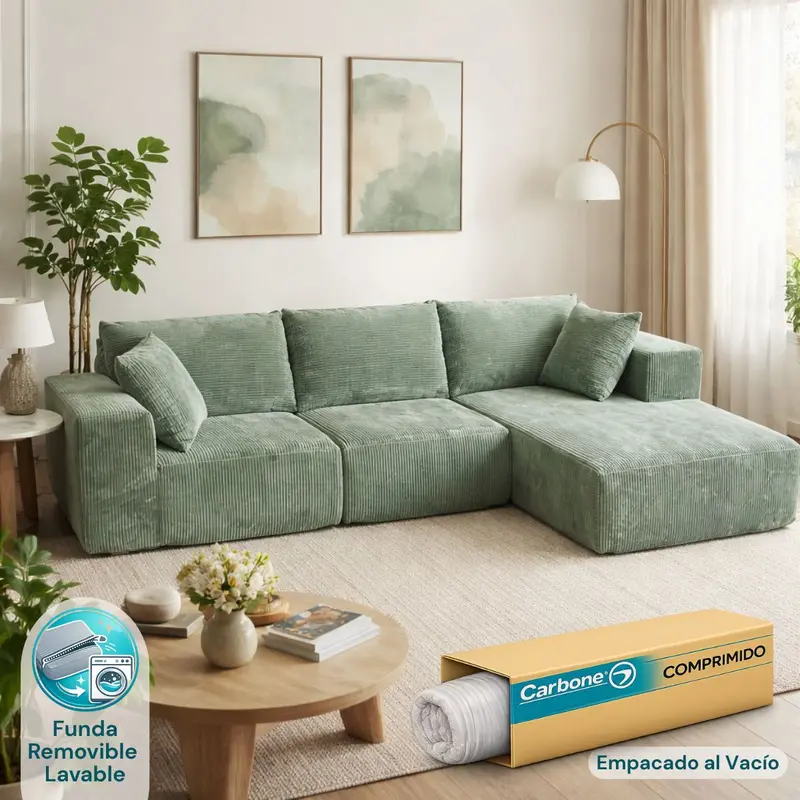 L-Shaped Sectional Sofa – High-Density Memory Foam, Vacuum-Packed, 274X100X60Cm, Sage Green 1