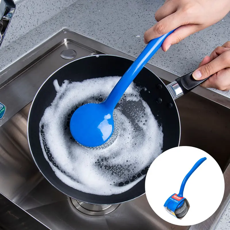 Long-Handle Steel Wool Scrubber (22.5 Cm) – Heavy-Duty Metal Fiber Pad With Ergonomic Handle 1