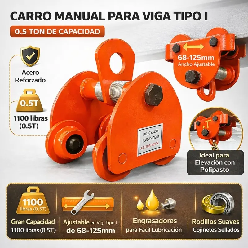 Manual Beam Trolley – 0.5-Ton Industrial Crane Trolley For I-Beams (68–125 Mm), Warehouse & Workshop Use 1
