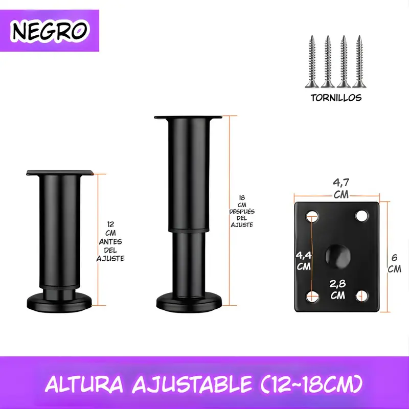 Mid-Height Adjustable Furniture Leg – 12–18 Cm, Black Reinforced Metal Support For Desks & Shelving 1