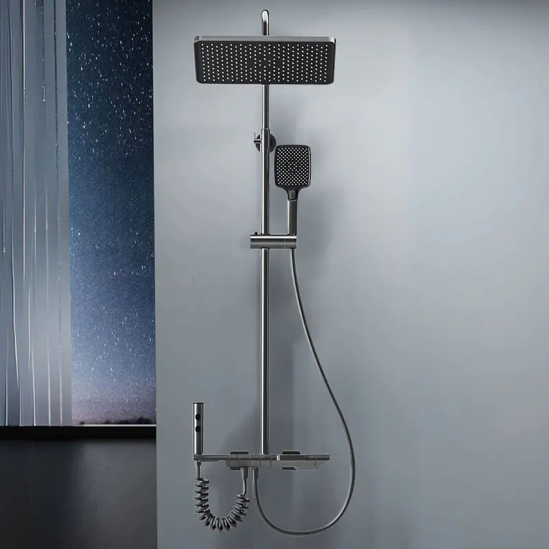 Modern Rainfall Shower System – Dual-Function Ceiling Showerhead With Handheld Spray And Metallic Gray Finish 1