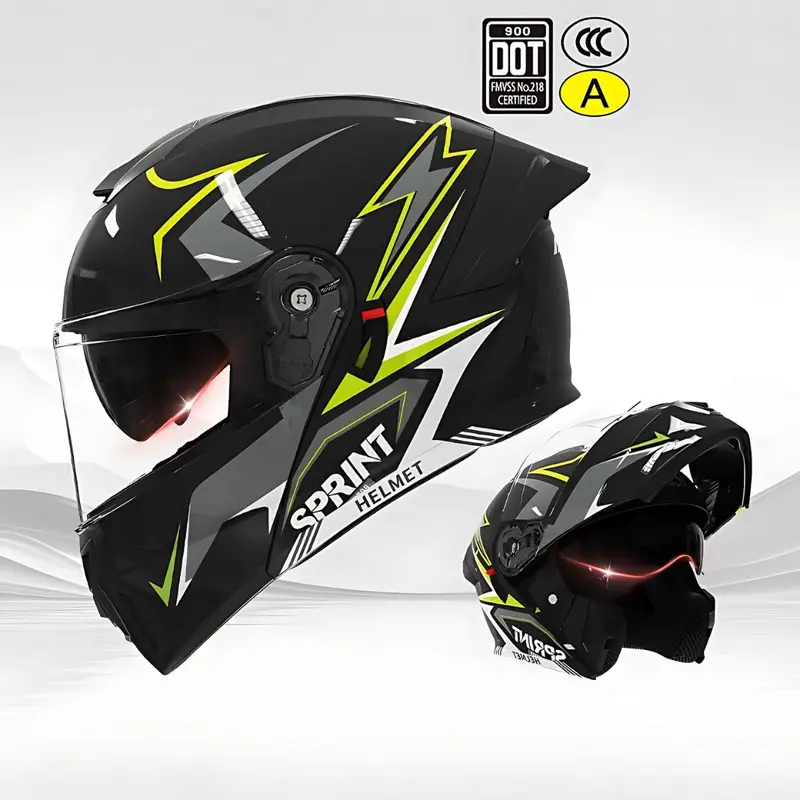 Modular Motorcycle Helmet – Black & Neon Green Accents, Clear Visor, Dot/3C Certified, Universal Fit 1
