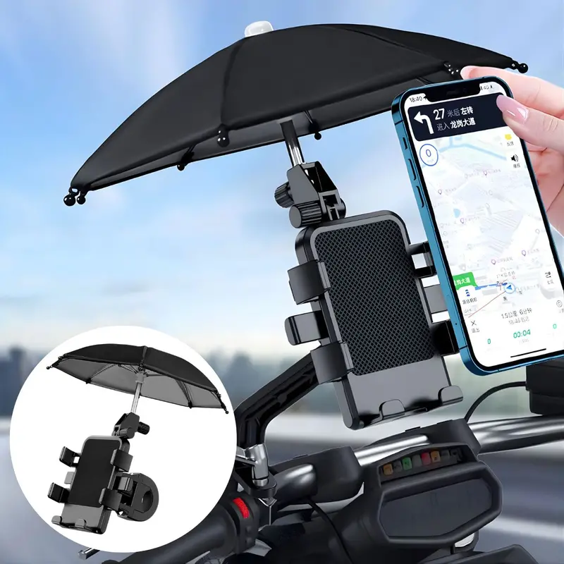 Motorcycle & Bicycle Phone Mount With Sunshade – Adjustable Handlebar Holder With Mini Umbrella For Rain & Uv Protection 1