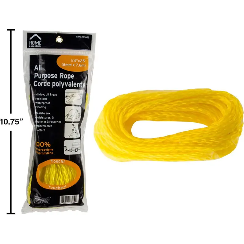 Multi-Use Yellow Polypropylene Rope – 1/4 Inch X 25 Feet, Printed Poly Bag With Grommet 1