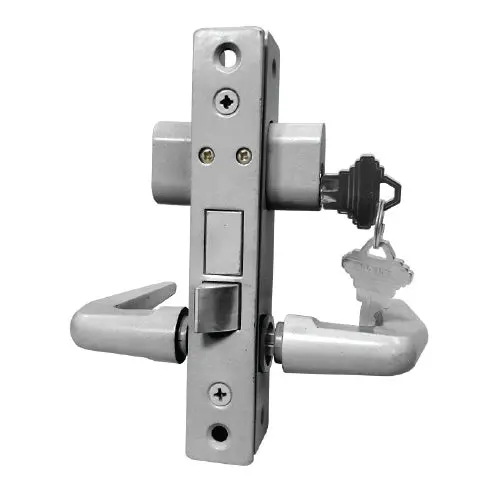 Narrow-Profile Latch Lock Set With Handle – Silver, Dual-Side Keying, 2 Keys, Decorative Plate 1