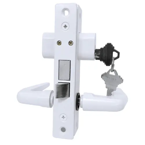 Narrow-Profile Latch Lock Set With Handle – White, Dual-Side Keying, 2 Keys, Decora Plate 1