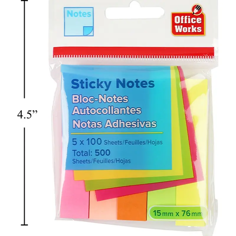 Neon Self-Adhesive Notes — 5-Pack, 100 Sheets Total, 76 × 15 Mm Per Pad 1