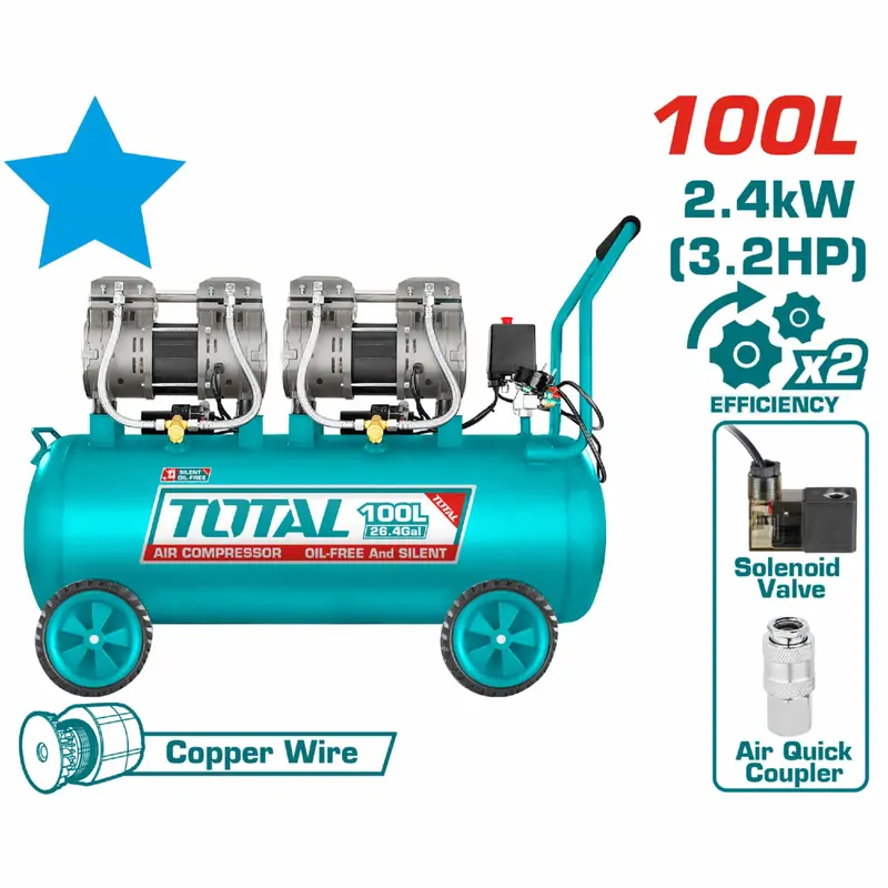 Oil-Free Belt-Drive Air Compressor – 100L Tank, Dual 1200W Motors (3.2 Hp), 75 Db Noise Level 1