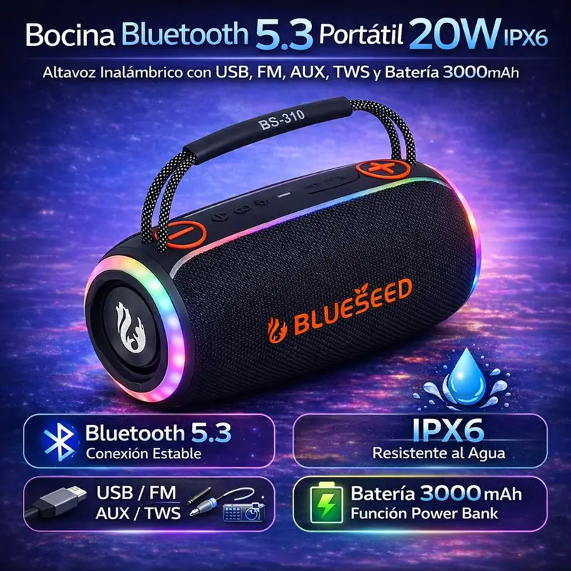 Portable 20W Bluetooth 5.3 Speaker – Ipx6 Waterproof, Rgb Lighting, Usb/Fm/Aux/Tws, 3000 Mah Battery 1