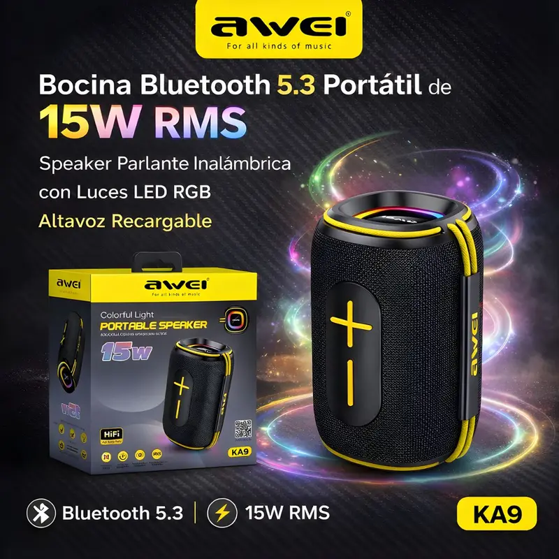Portable Bluetooth 5.3 Speaker (15W Rms) – Rgb Led Lights, Rechargeable Wireless Sound System 1