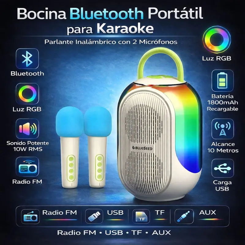 Portable Karaoke Bluetooth Speaker – Dual Microphones, 10W Rms Output, Rgb Lights, Fm/Usb/Tf/Aux, Random Color (White Or Black) 1