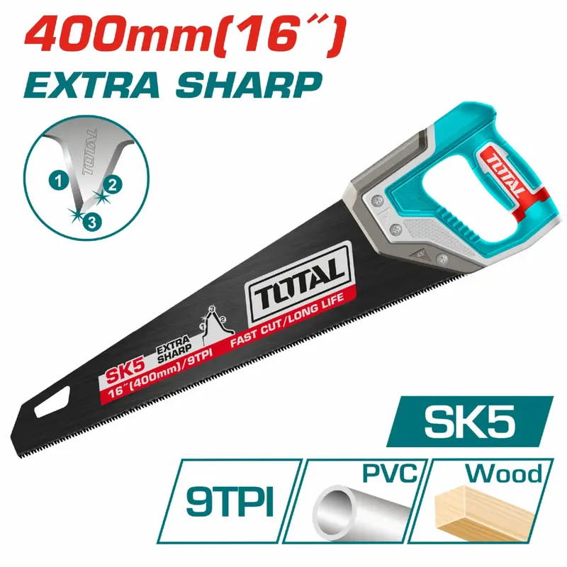 Precision Hardened Hand Saw – 16-Inch (400 Mm), Sk5 Steel Blade, 9 Tpi, Black Coated Teeth 1