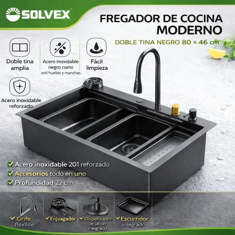 Premium Built-In Double-Basin Kitchen Sink 80X46X22 Cm – Matte Black Stainless Steel With Faucet, Drainboard & Dispenser 1