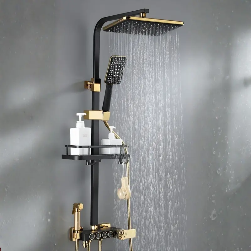 Rainfall Shower Kit With Thermostatic Control, Handheld Spray & Wall-Mounted Shelf – Black & Gold Finish 1