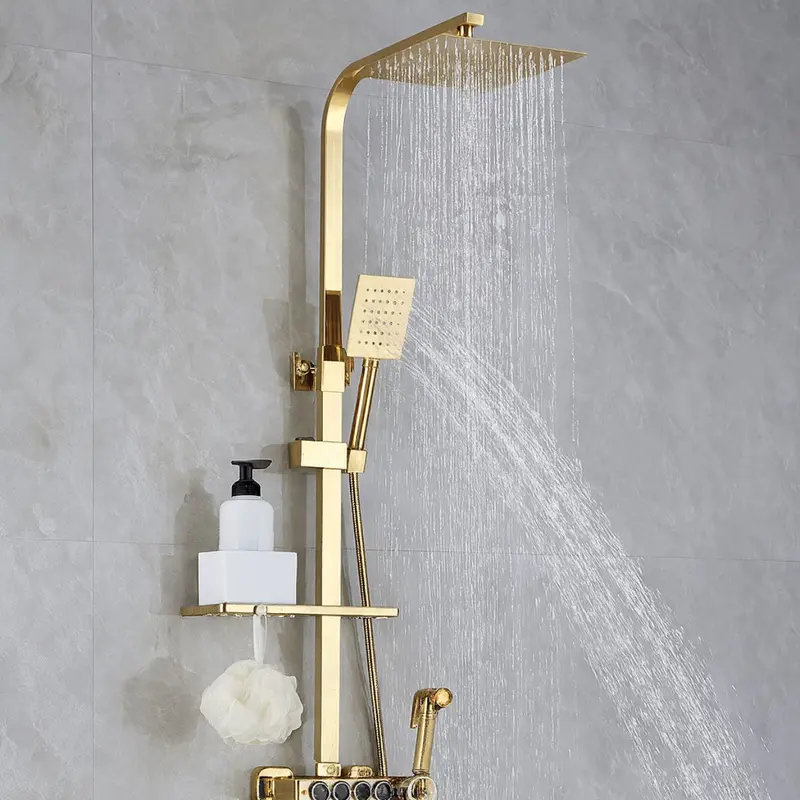 Rainfall Shower Set With Thermostatic Valve, Handheld Sprayer & Storage Shelf – Gold Finish 1