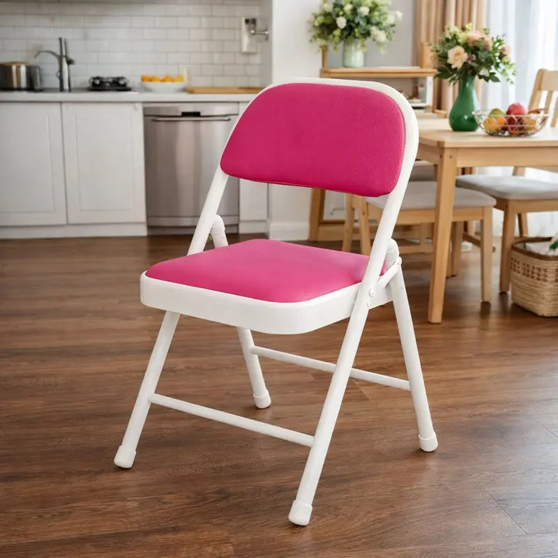 Reinforced Steel Folding Chair – White Frame & Pink Pu Upholstered Seat With Dual-Layer Cushioning (79×45×45 Cm) 1