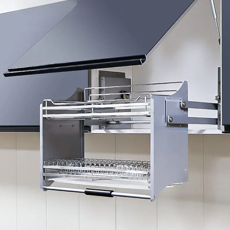 Retractable Double-Tier Cabinet Organizers – Fold-Down Kitchen Shelf System 1