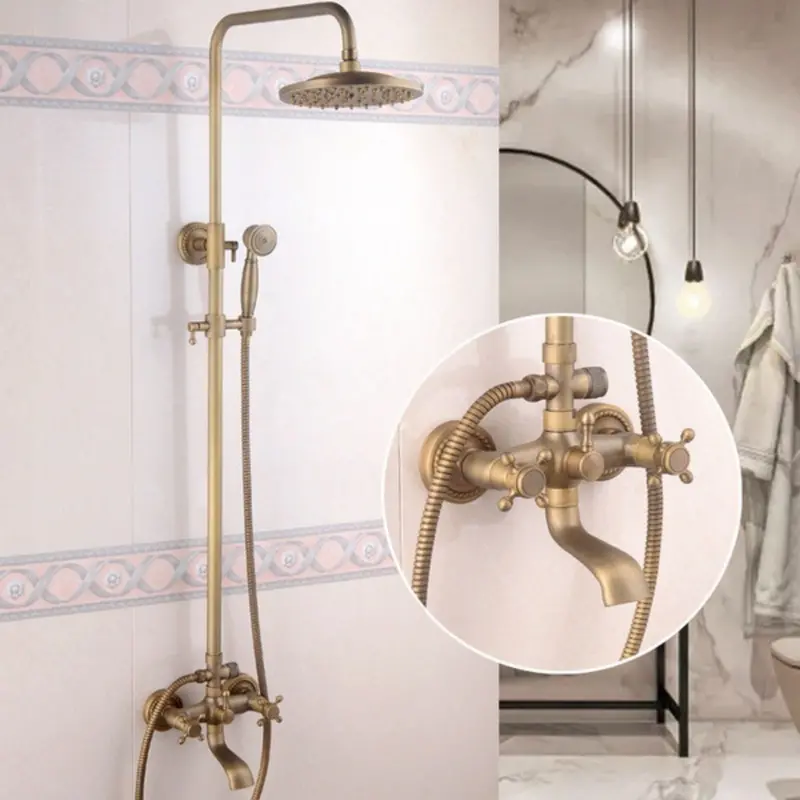 Retro Rain Shower System – Antique Bronze Mixer Faucet With Flexible Hose And Handheld Showerhead 1