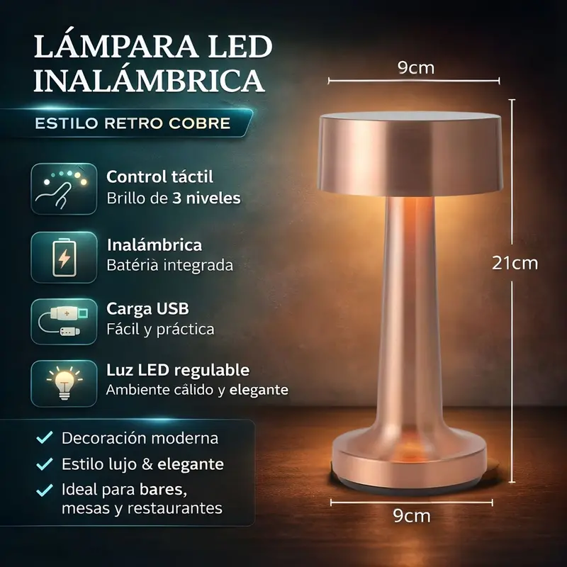 Retro-Style Wireless Led Desk Lamp – Touch-Control Dimming (3 Levels), Copper Finish, Restaurant & Home Use 1