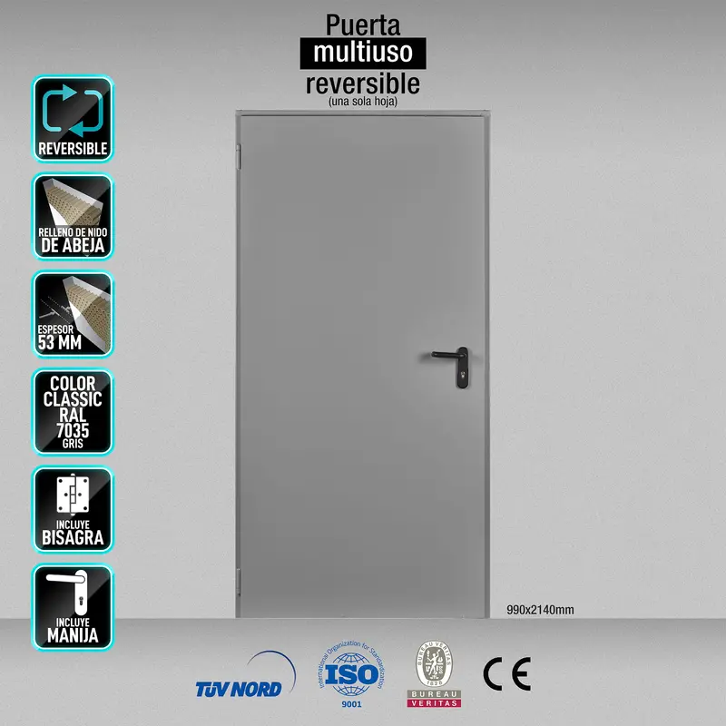 Reversible Multi-Use Interior Door – 990 X 2140 Mm, Mc3 Frame, Gray Ral 7035 (Cylinder Not Included) 1