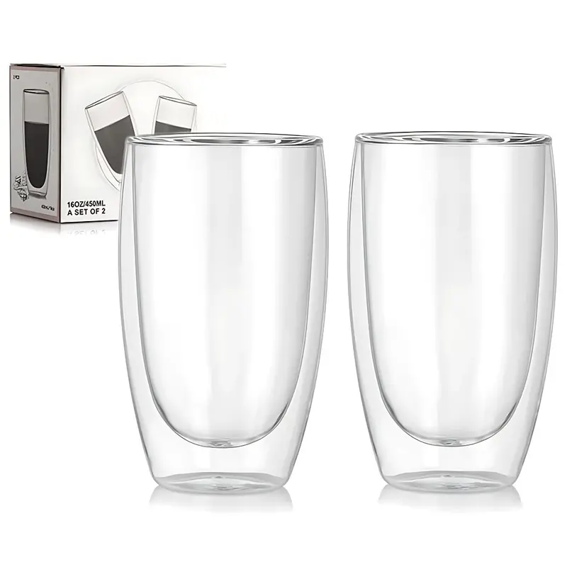Set Of 2 Double-Walled Glass Tumblers – 450 Ml (15.2 Oz) Heat- And Cold-Resistant Cups For Coffee, Tea, Beer, Or Iced Drinks 1