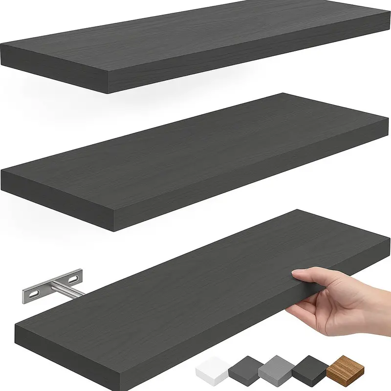Set Of 3 Floating Wall Shelves – Sleek Gray Wood-Look Boards (6.7" X 1.1" X 16") 1
