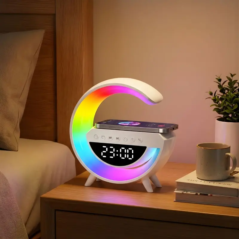 Smart Bedside Lamp With Wireless Charging, Bluetooth Speaker & Alarm Clock – Rgb Led Table Lamp With Time Display, White Finish 1