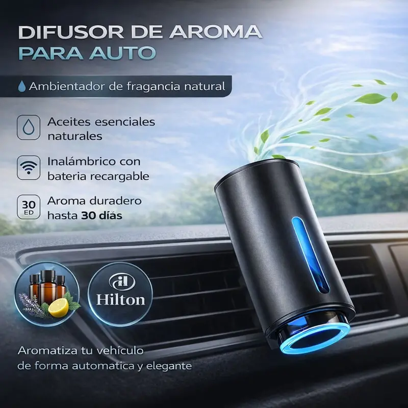 Smart Usb-C Car Diffuser – Metallic Build, 3 Scent Intensity Settings + 3 Hiilton Essential Oils 1