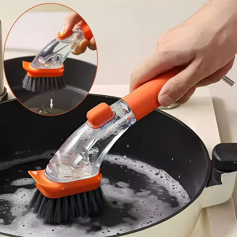 Soap-Dispensing Multipurpose Cleaning Brush – Ergonomic Orange Handle For Kitchens & Bathrooms 1