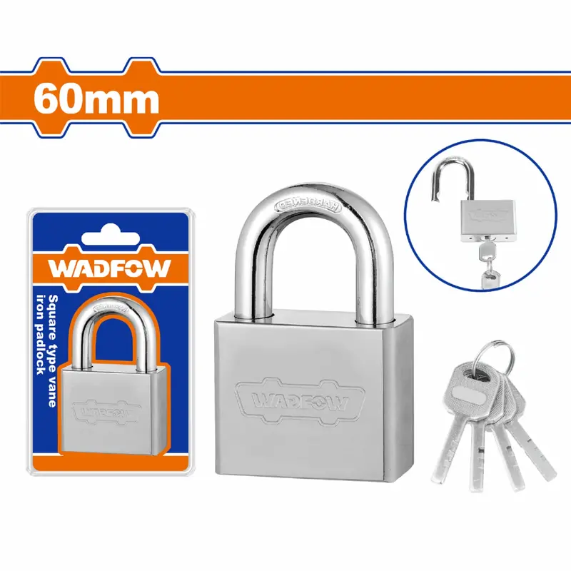 Square-Shank Iron Padlock – 60 Mm Body, Heavy-Duty Iron Construction, Four Included Iron Keys 1