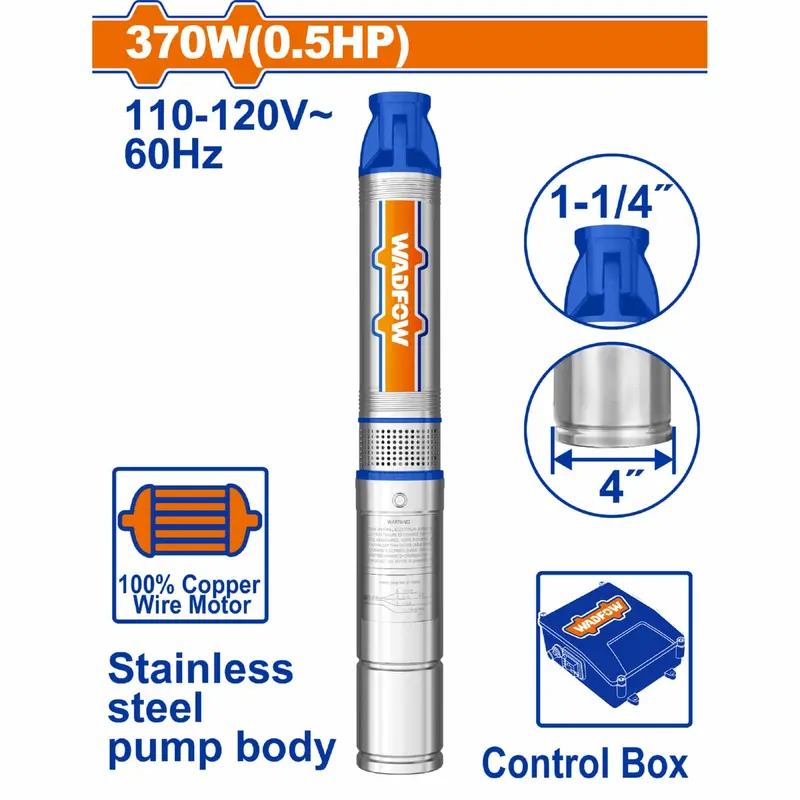 Stainless Steel Deep Well Submersible Pump – 4" Body, 0.5 Hp, 370W, 48 M Max Head, 6.7 M³/H, 1-1/4" Od, Steel-Cable Motor With Plug-In Controller 1