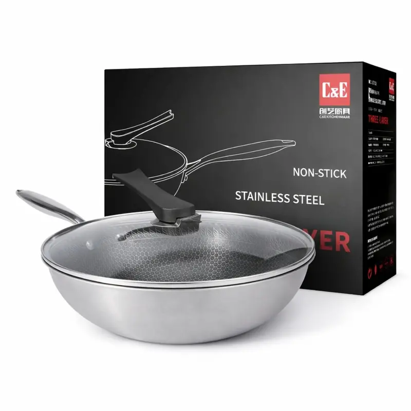 Tri-Ply Stainless Steel Non-Stick Wok – 32 Cm (12.5"), Tempered Glass Lid, 2.2 Mm Multi-Layer Construction 1