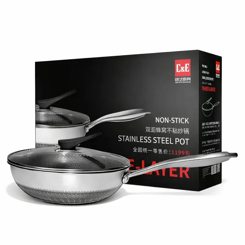 Tri-Ply Stainless Steel Non-Stick Wok – 32 Cm (12.5"), Tempered Glass Lid, Stainless Handle, 2.2 Mm Thickness 1