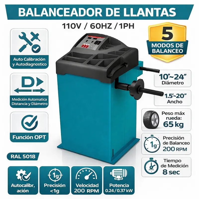 U-520 Tire Balancer – 110V / 60 Hz / Single-Phase, 200 Rpm, 10"–24" Diameter, 1.5"–20" Width, 5 Balancing Modes 1
