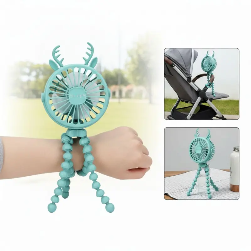 Usb-Rechargeable Mini Desk Fan – Flexible Tripod Stand, Built-In Led Light, Compact 15.5 × 9.5 × 4.5 Cm 1