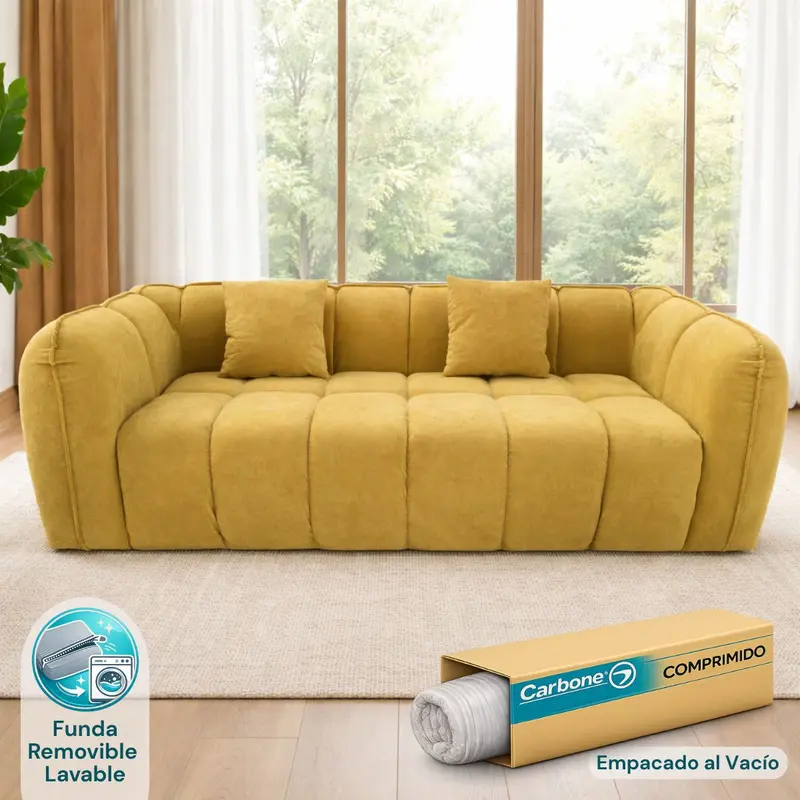 Vacuum-Packed Memory Foam Sofa – High-Density Foam, 220 × 98 × 70Cm, Mustard Yellow Tone 1