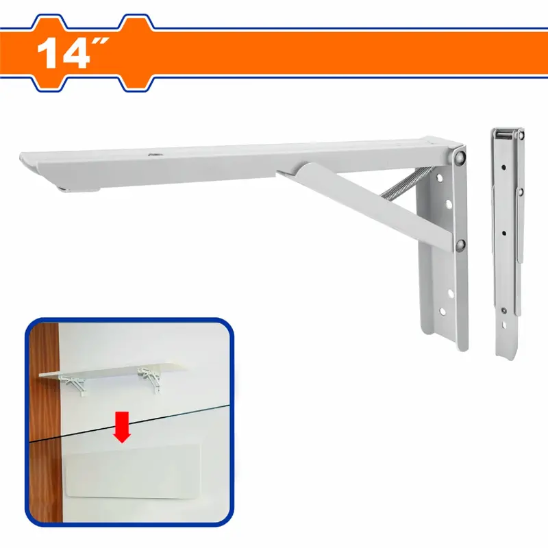 White 14-Inch Foldable Shelf Bracket — 1.4 Mm Steel, 30 Kg Load Capacity, 8 Mounting Points (Hardware Not Included) 1