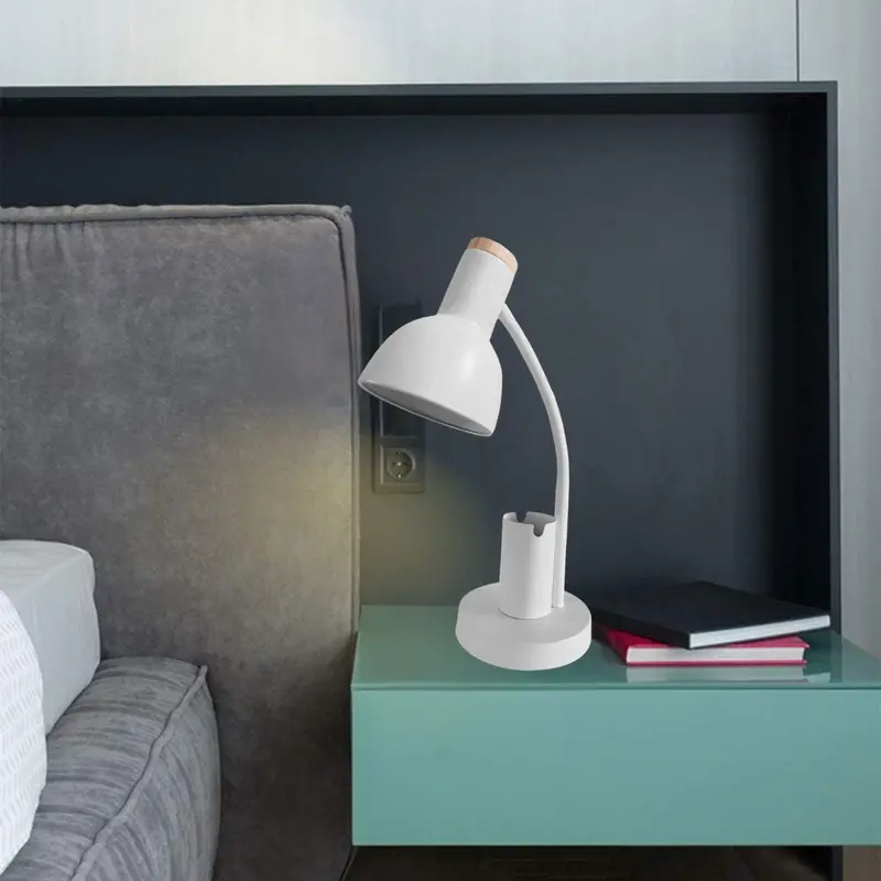 White Minimalist Adjustable Desk Lamp – Industrial-Meets-Wood Design With E27 Socket, Ideal For Reading & Workspaces (150X120X400Mm) 1