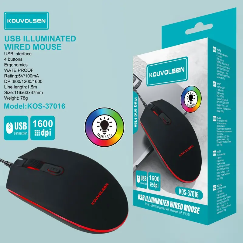 Wired Gaming Mouse – 1600 Dpi Adjustable, Rgb Lighting, Ergonomic 4-Button Design, Plug-And-Play Usb (1.5 M) 1