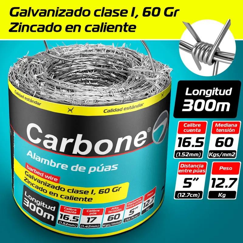 Zinc-Coated Barbed Wire – 16.5 Gauge, 300M Roll, Class I (Standard Yellow), 60G/M² 1
